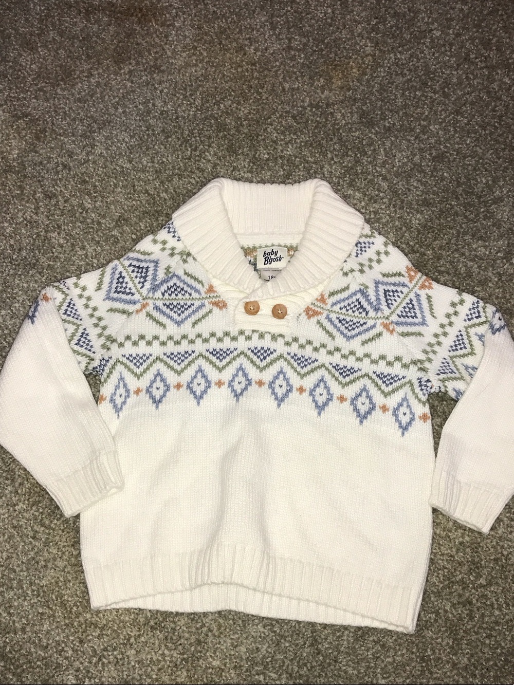 OshKosh B'gosh White Sweater with Blue, Green & Tan Fair Isle